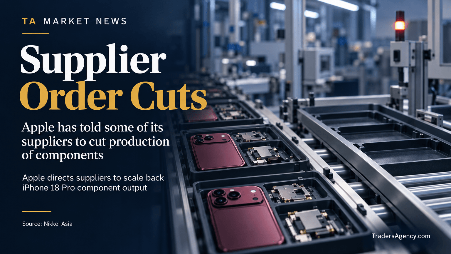 Illustration of a slowed smartphone component assembly line representing Apple's reported supplier production cut.