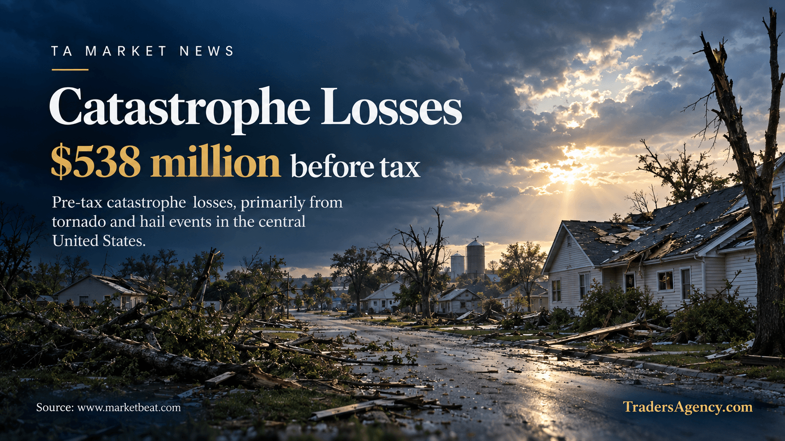 Storm-damaged rural town illustrating the tornado and hail losses behind Travelers' $538 million pre-tax catastrophe charge.