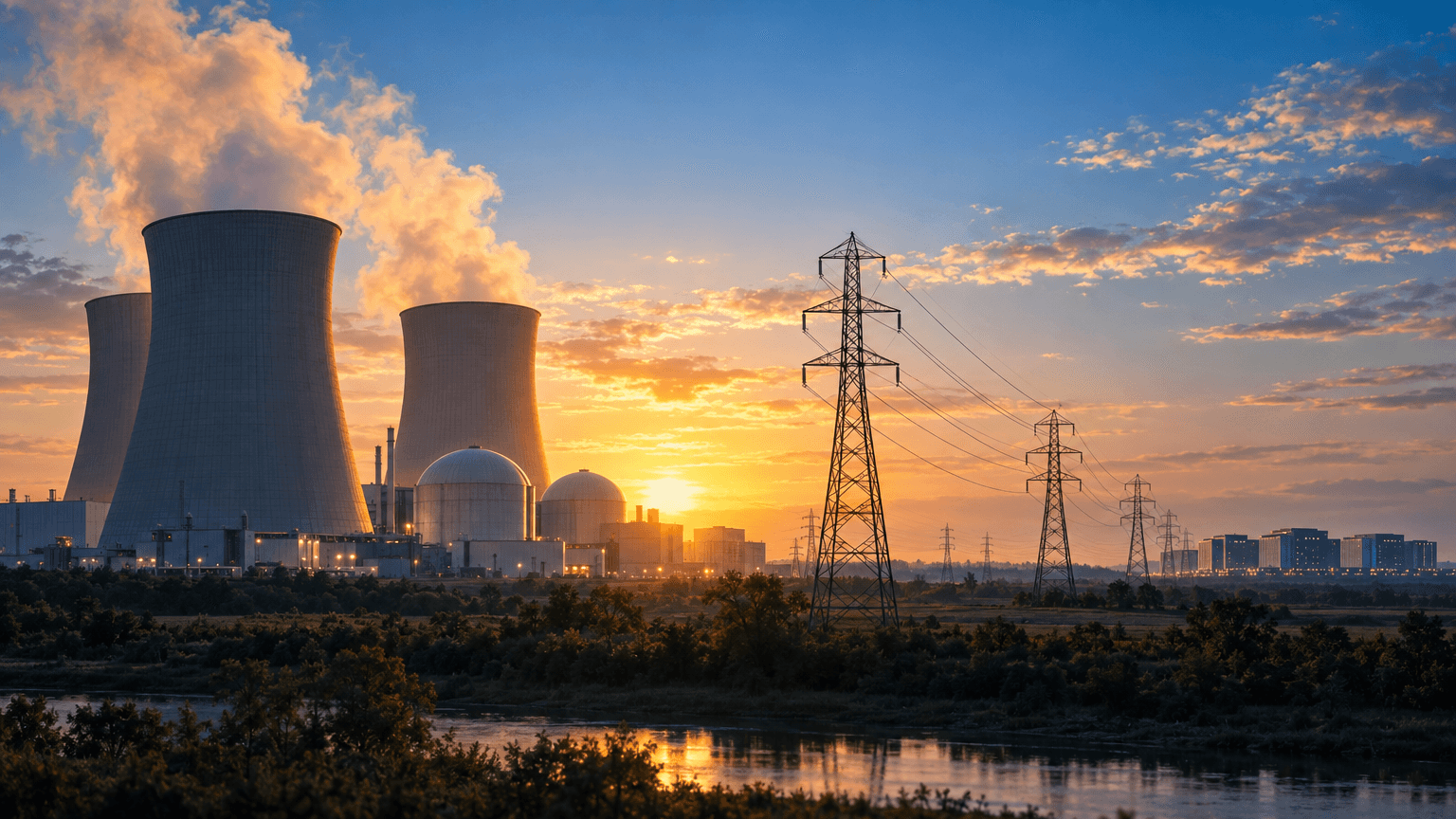 A nuclear power plant with steaming cooling towers at dawn, connected by transmission lines to distant data center buildings on the horizon.