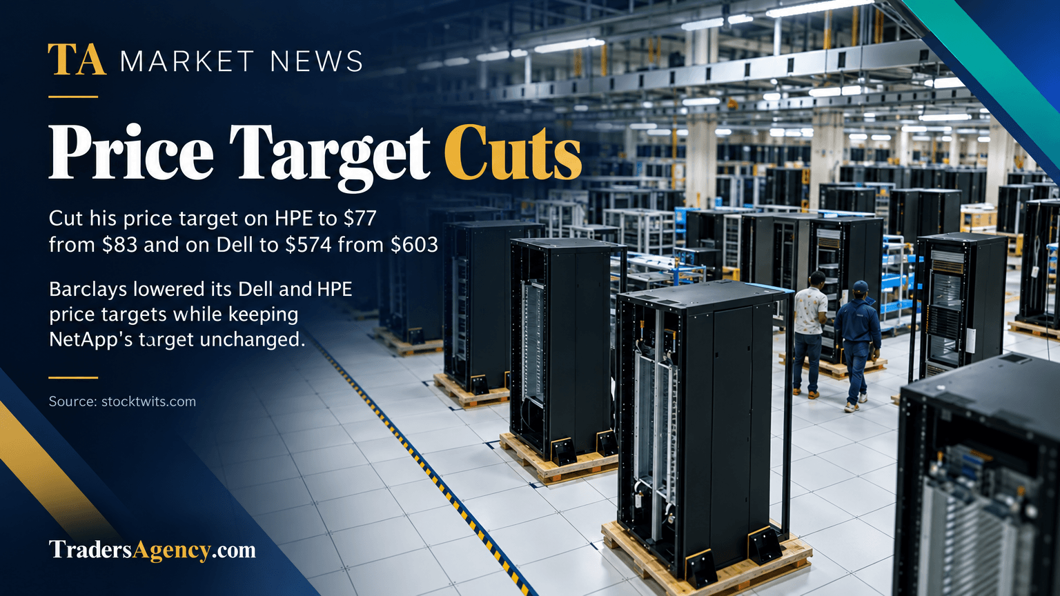 Rows of server racks in a data center representing the hardware makers whose price targets Barclays revised.