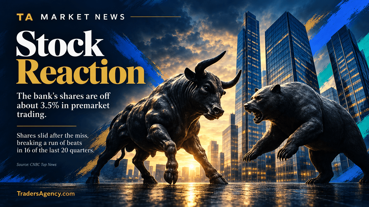 Bull and bear statues facing off against a city skyline, symbolizing the stock's premarket decline.