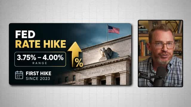 Infographic showing Federal Reserve rate hike to 3.75%-4.00% range, the first hike since 2023
