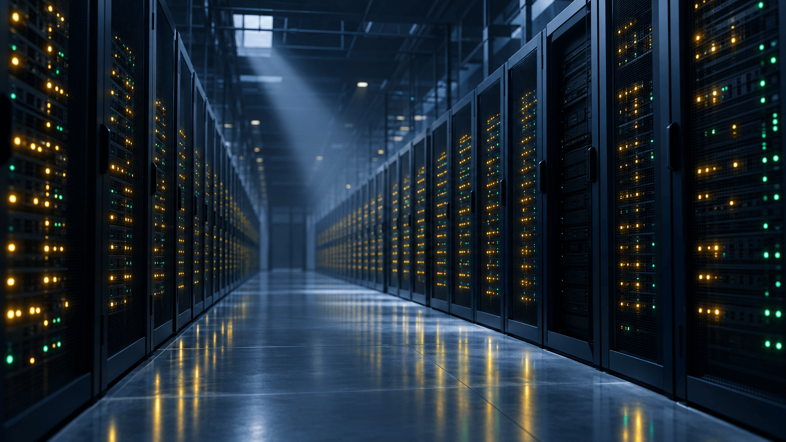A long corridor of data center server racks with rows of status lights, one section dimmer than the rest, photographed in cool blue-grey tones.