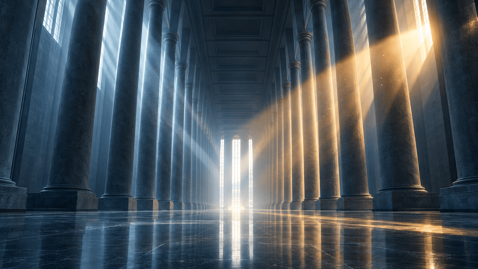 Wide symmetrical view of a grand, cold stone atrium with tall columns receding into bright light, crossed by a single warm shaft of light, evoking rising financial pressure.