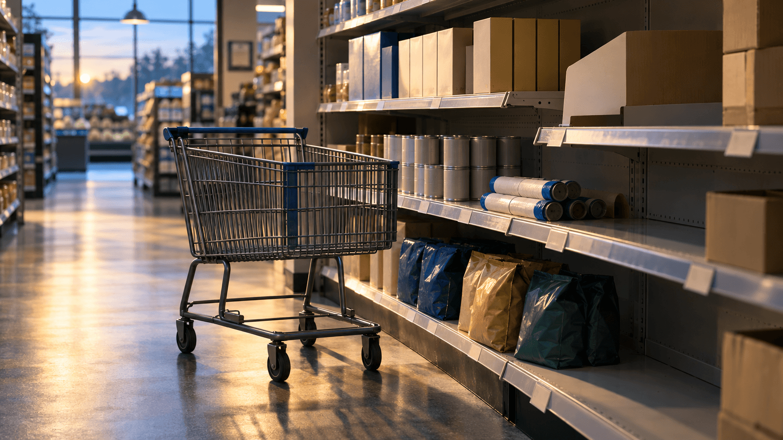 A dimly lit grocery aisle at dawn with partially empty shelves, unlabeled boxes, an empty shopping cart, and a gap where a refrigerated case once stood, symbolizing retail sales softness and a completed yogurt divestiture.