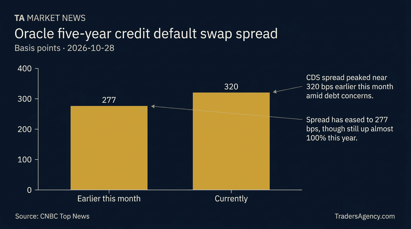 Bar chart showing Oracle's five-year credit default swap spread at 277 basis points currently, down from about 320 basis points earlier this month.