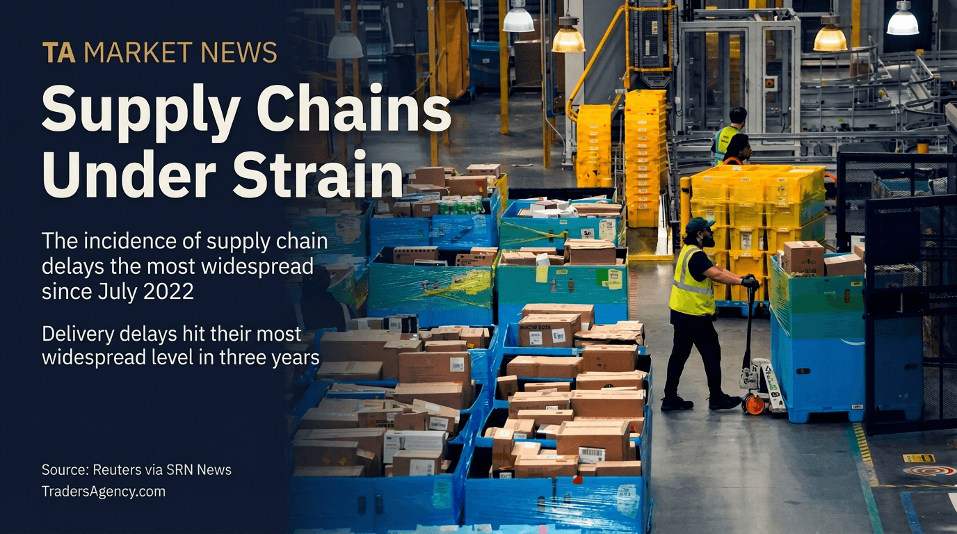 Warehouse workers moving pallets among stacked boxes, illustrating widespread supply-chain delays