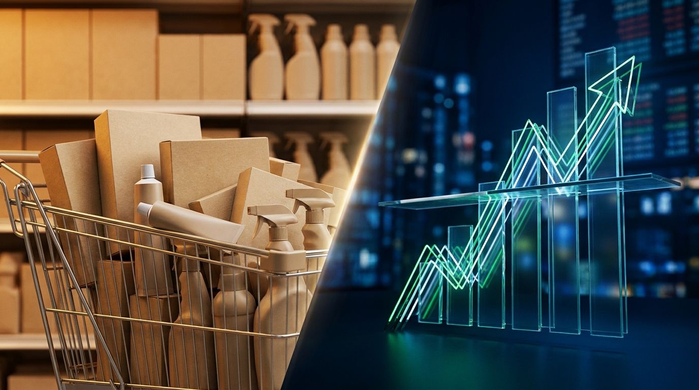A split visual showing a shopping cart filled with everyday household staples (toothpaste, cereal, cleaning products) on one side, with a bold upward-trending stock chart breaking through a resistance line on the other. The contrast between the mundane consumer goods and the dynamic green breakout chart visually captures the article's core insight that "boring" businesses can produce exciting stock moves. Dramatic lighting with a dark financial background behind the chart and warm grocery store