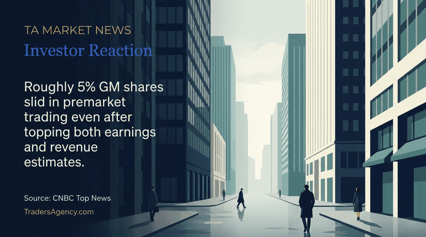 Early-morning financial district scene representing GM's roughly 5% premarket share-price decline despite beating estimates.