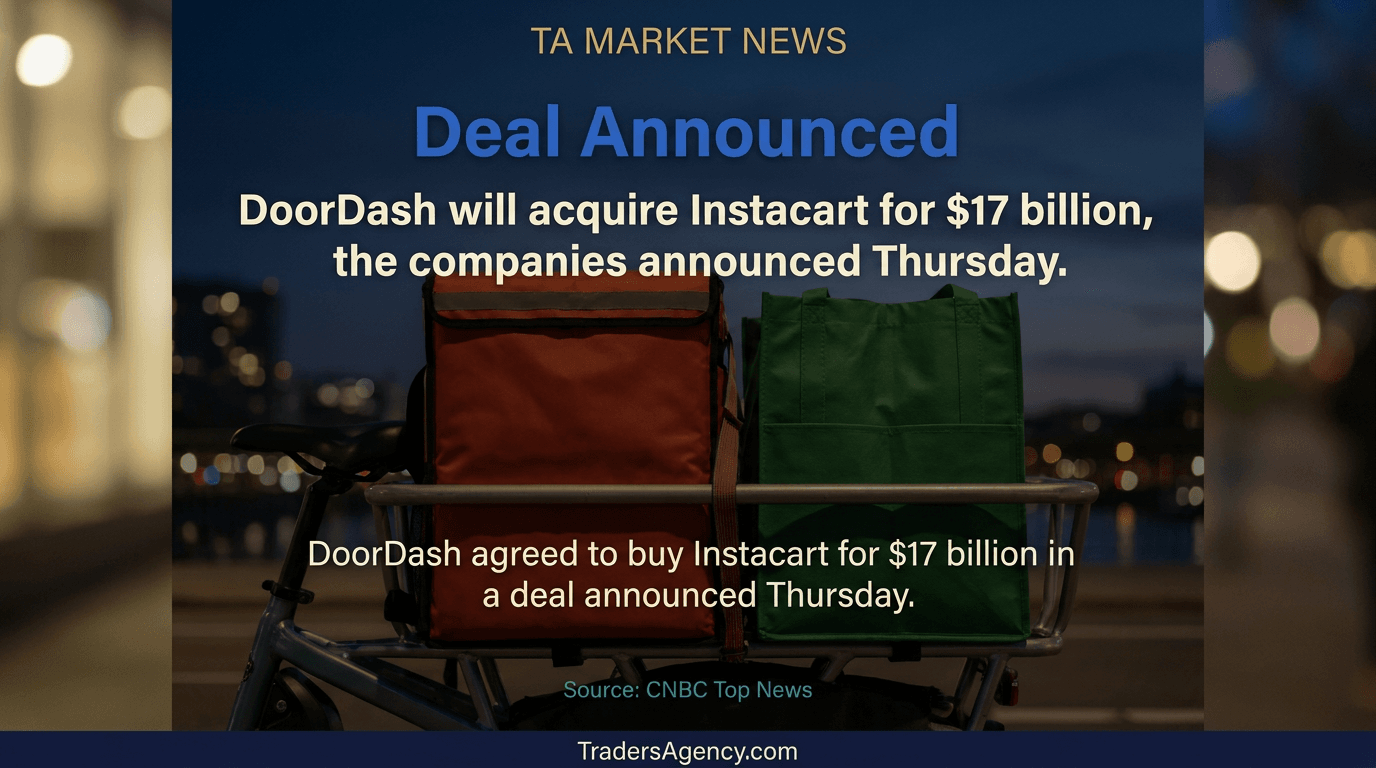 Two unbranded delivery bags, one for restaurant food and one for groceries, placed together on a cargo bike representing the merger of DoorDash and Instacart.