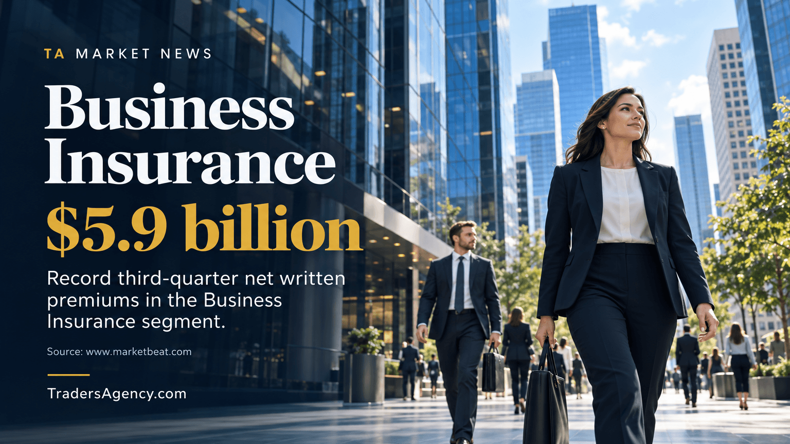 Downtown business district skyline representing record commercial insurance premiums reported by Travelers' Business Insurance segment.