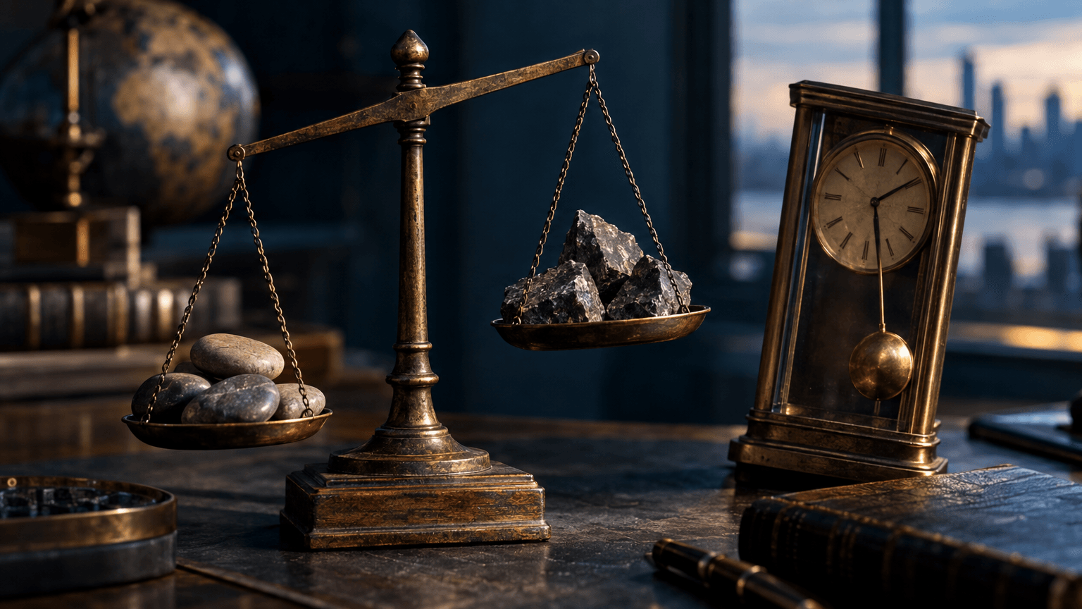 A weathered wooden balance scale sits on a trader's desk, one side holding smooth river stones, the other holding rough jagged rocks, caught mid-tilt in soft directional light.