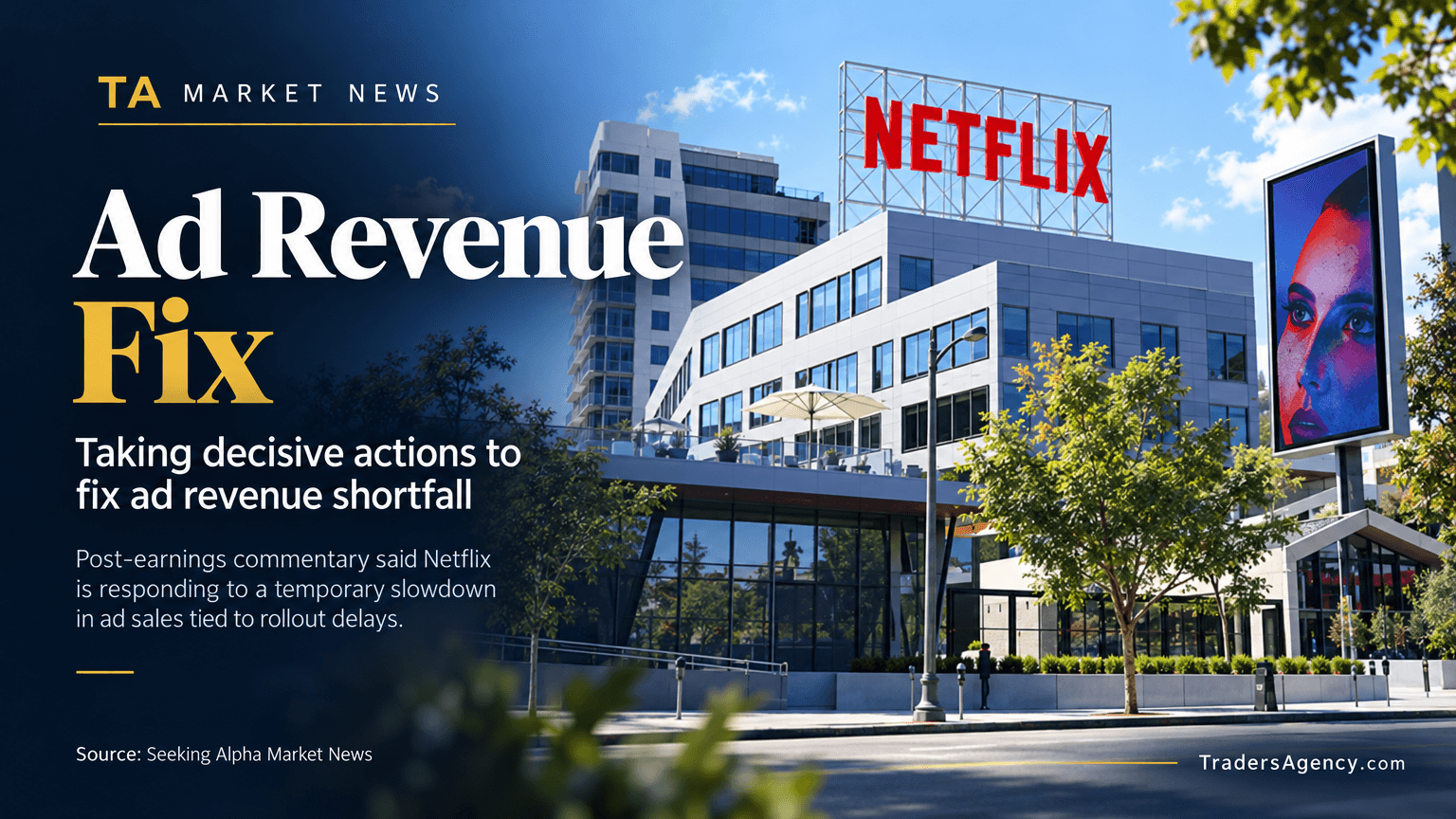 Daytime view of a Netflix office building with a digital ad screen nearby, representing the company's advertising business.