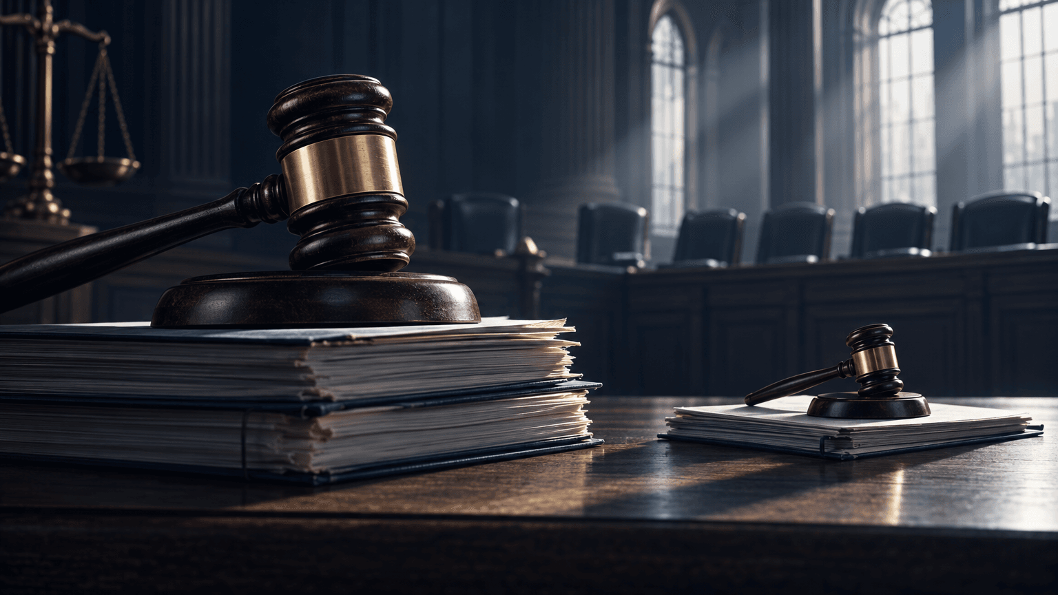 A large gavel beside a much smaller gavel on a judge's bench, symbolizing a reduced legal penalty, in a dim, formal courtroom setting.