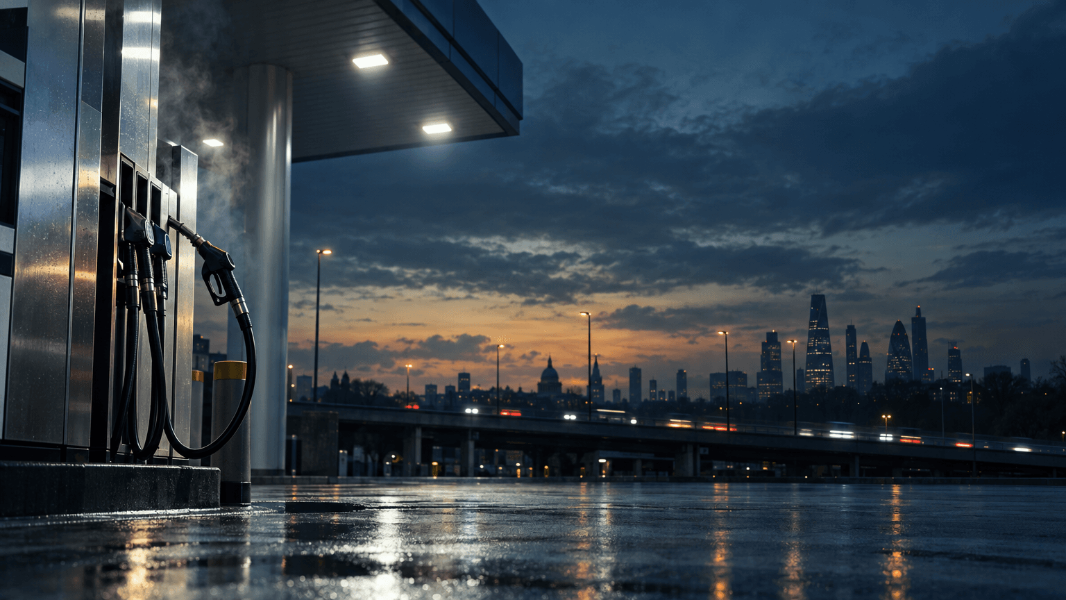 A dusk-lit petrol station fuel pump on a rain-slicked forecourt with a motorway and hazy city skyline in the background, evoking rising fuel costs and economic pressure.