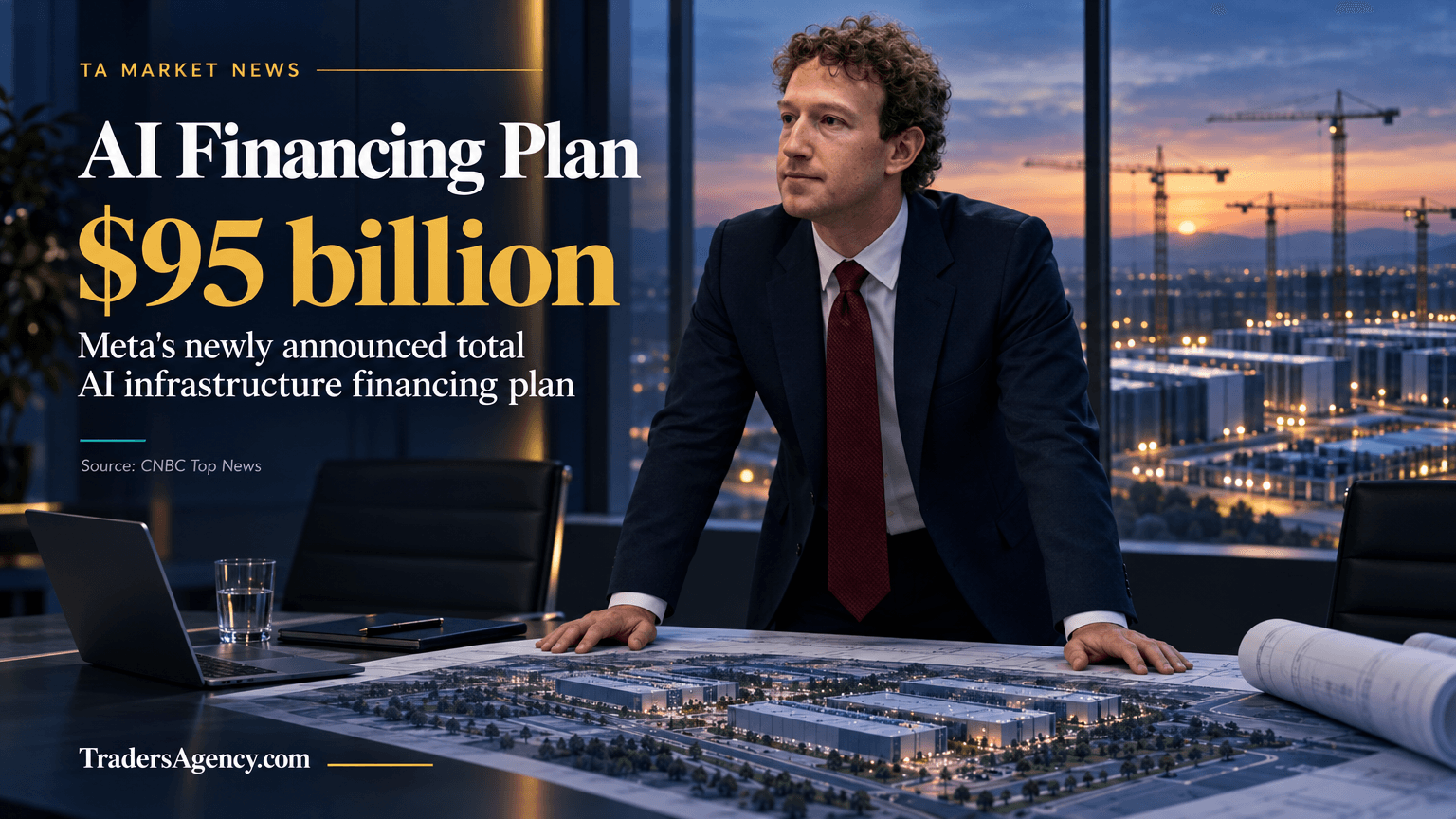 Executive silhouette reviewing data-center blueprints symbolizing Meta's $95 billion AI financing plan.