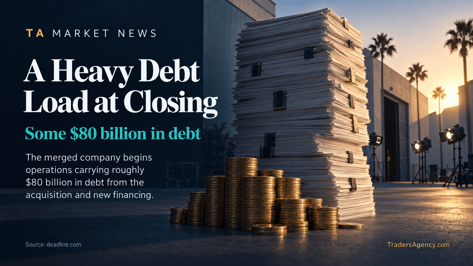 Stylized stack of ledgers and coins beside a studio building representing the combined company's roughly $80 billion debt load.