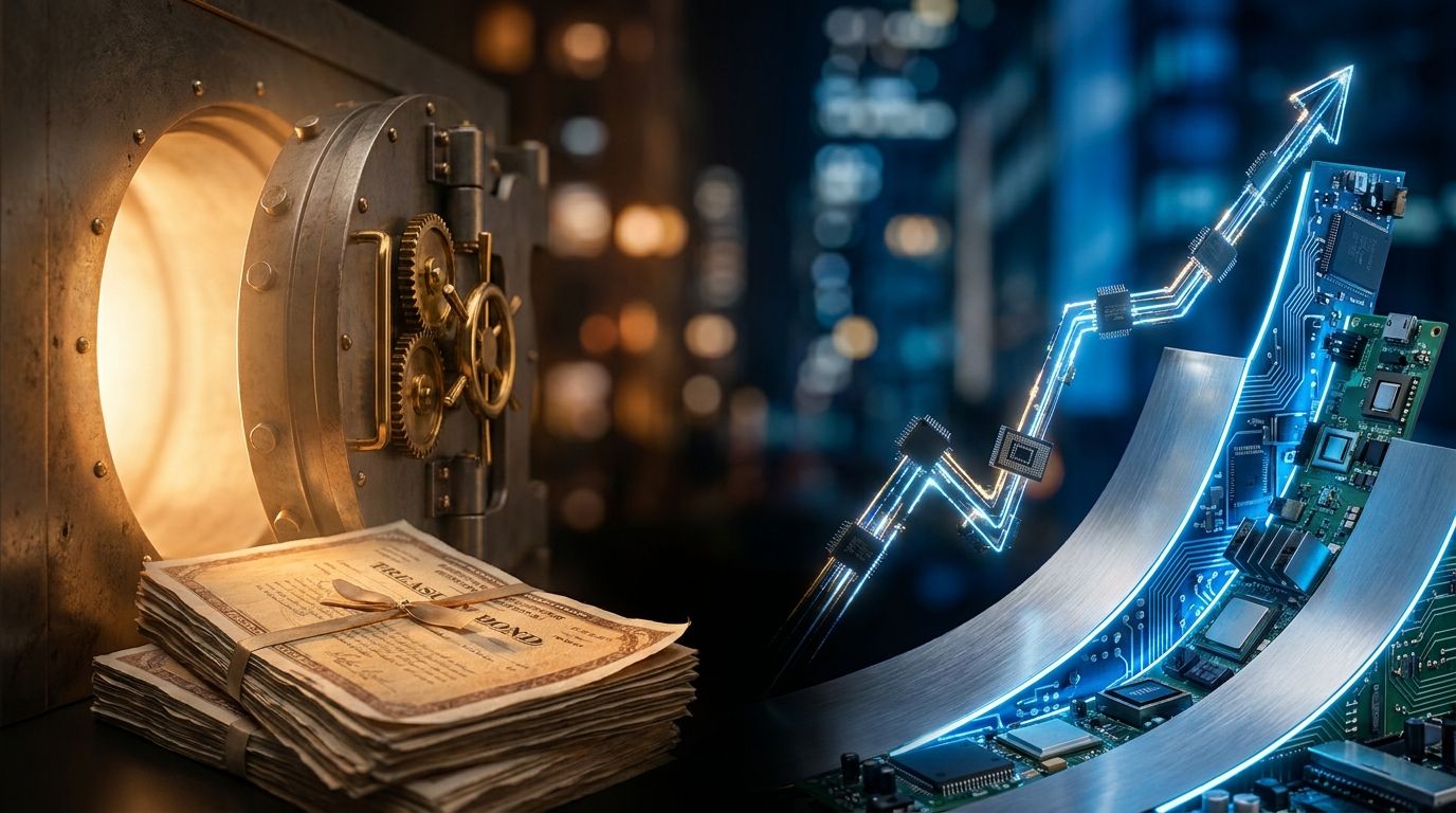 A split-scene image showing two diverging paths or scales: on one side, stacks of Treasury bond certificates or a safe/vault glowing with a false sense of security, and on the other side, a volatile stock market graph with semiconductor chips and tech hardware rising sharply upward. The contrast between the "safe" but potentially sinking bonds and the aggressive, concentrated tech rally visually captures the tension of retail investors possibly making the wrong bet. Dramatic lighting — perhaps w
