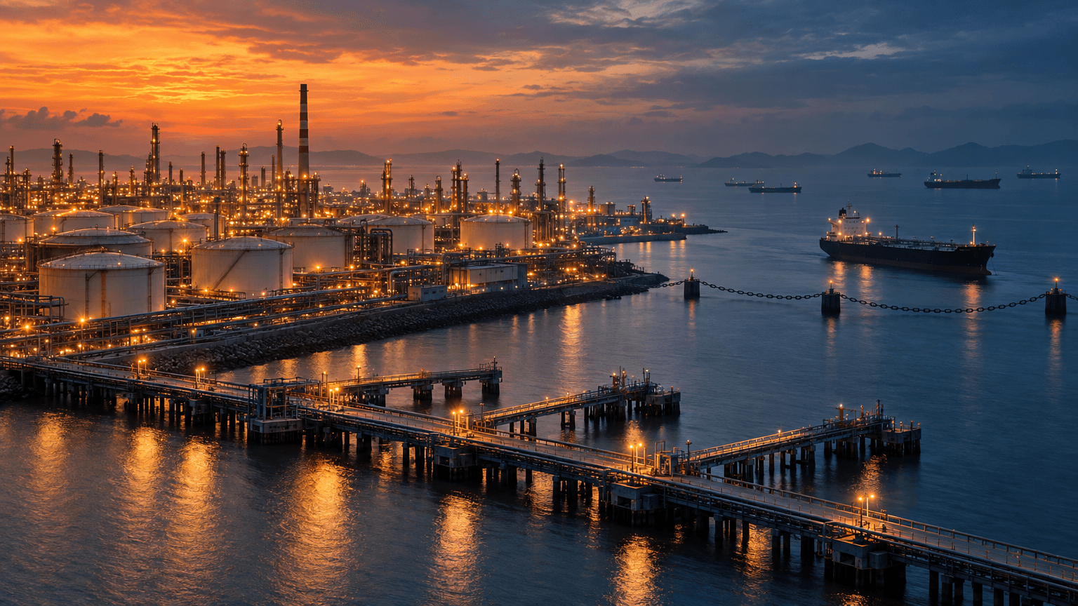 Aerial view of a Chinese coastal refinery at dusk with empty tanker berths and a lone ship idling offshore near a closed harbor entrance.