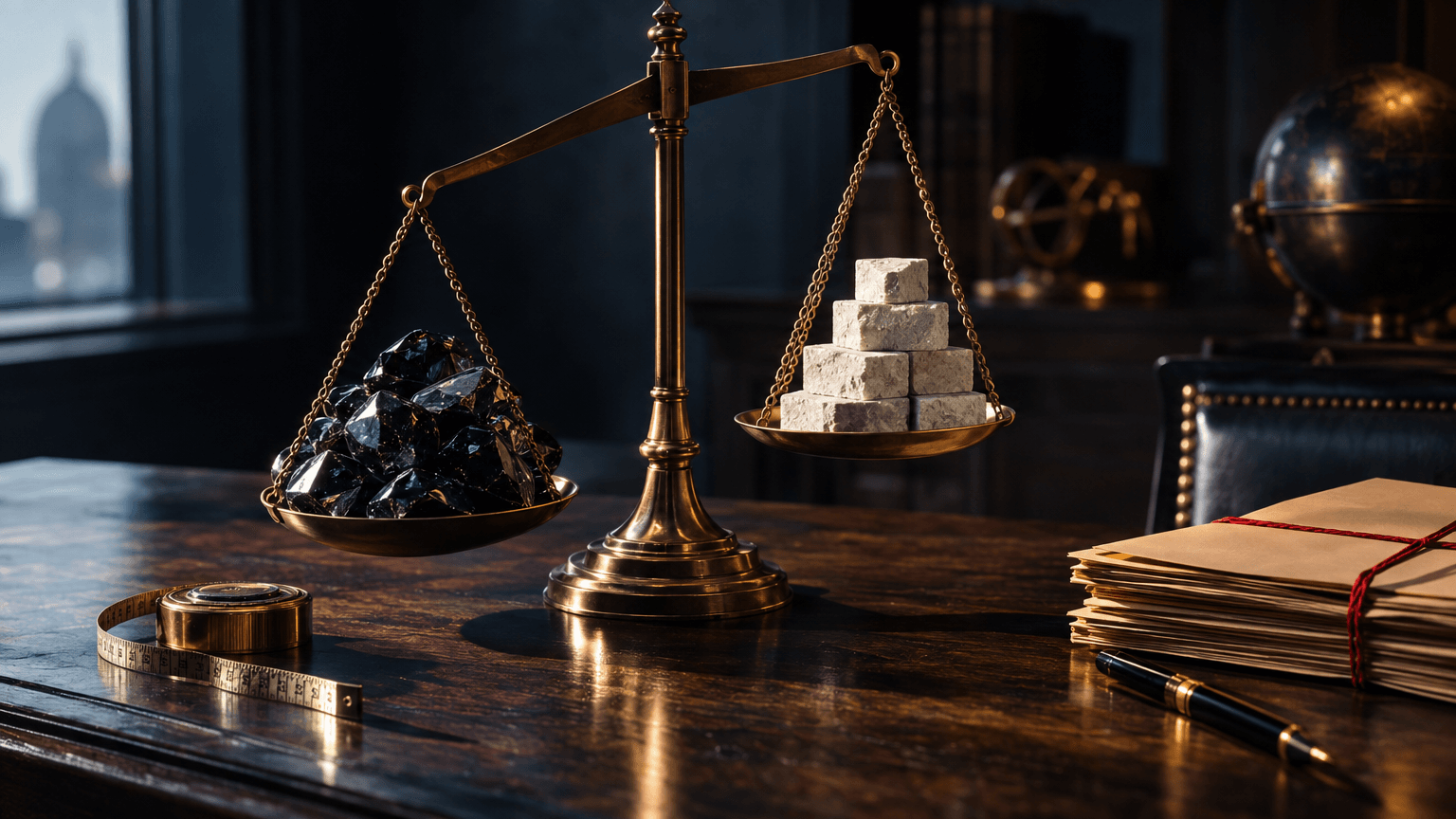 A single brass balance scale on a dark walnut desk: one pan heaped with glossy obsidian stones, the other holding a neat stack of pale limestone blocks, with the heavier side pulling low toward a coiled measuring tape.