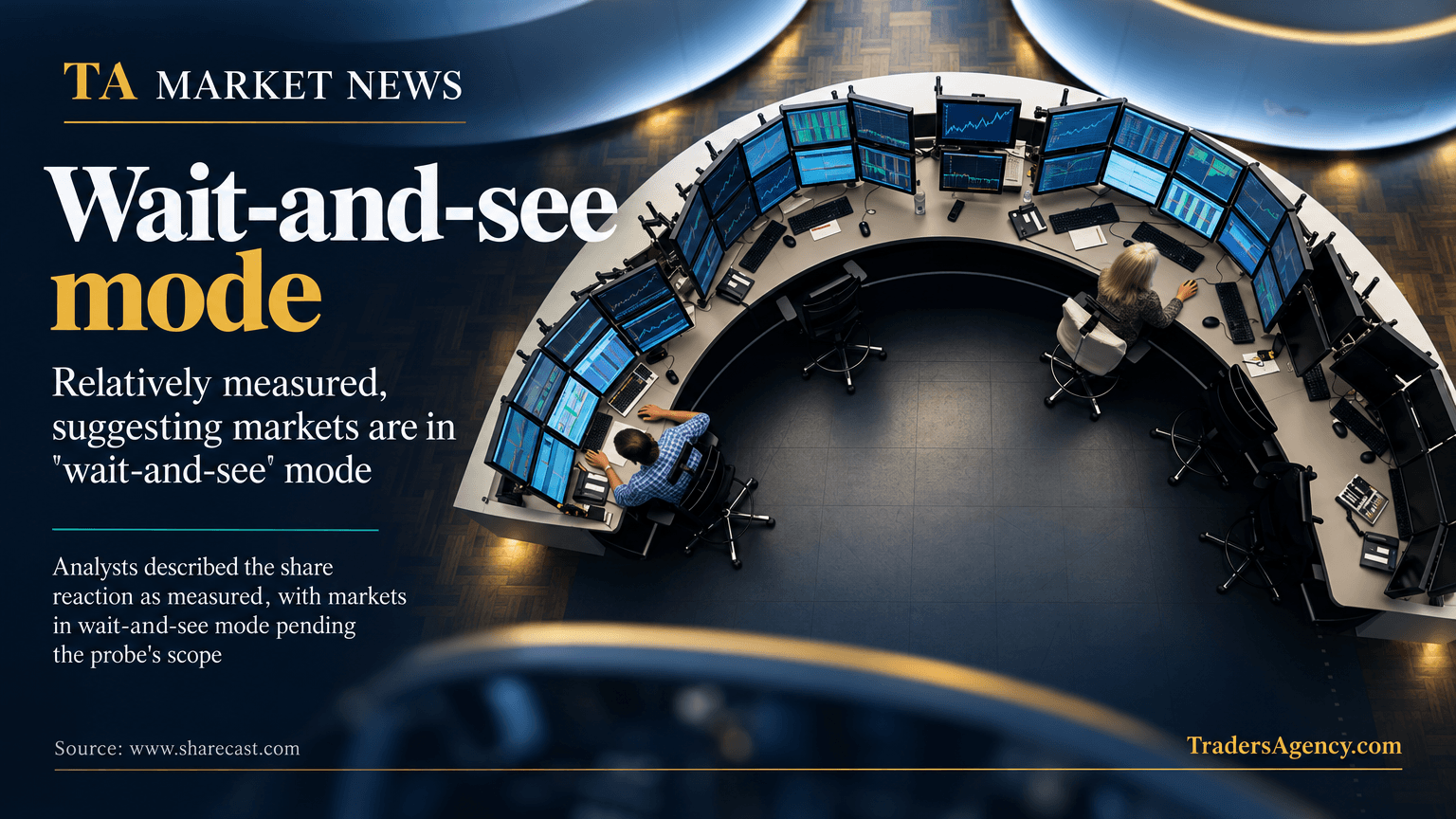 Overhead view of a curved trading floor with two traders working at multi-monitor desks