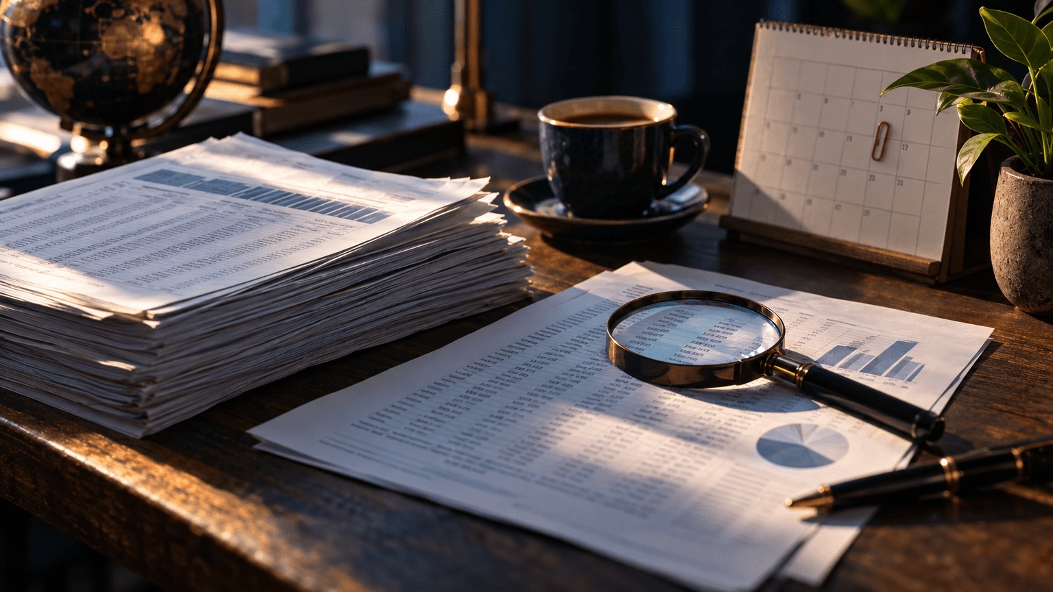 A weathered wooden desk holds a stack of dense printed financial statements beside a slim single-page summary sheet, a magnifying glass resting on top of a row of numbers.