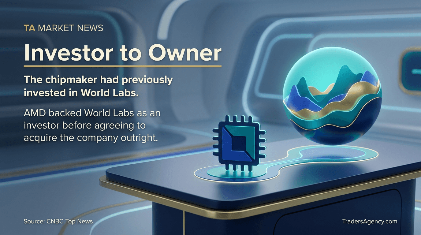 Abstract scene showing a chip silhouette beside a glowing 3D landscape sphere, representing AMD's earlier investment in World Labs.