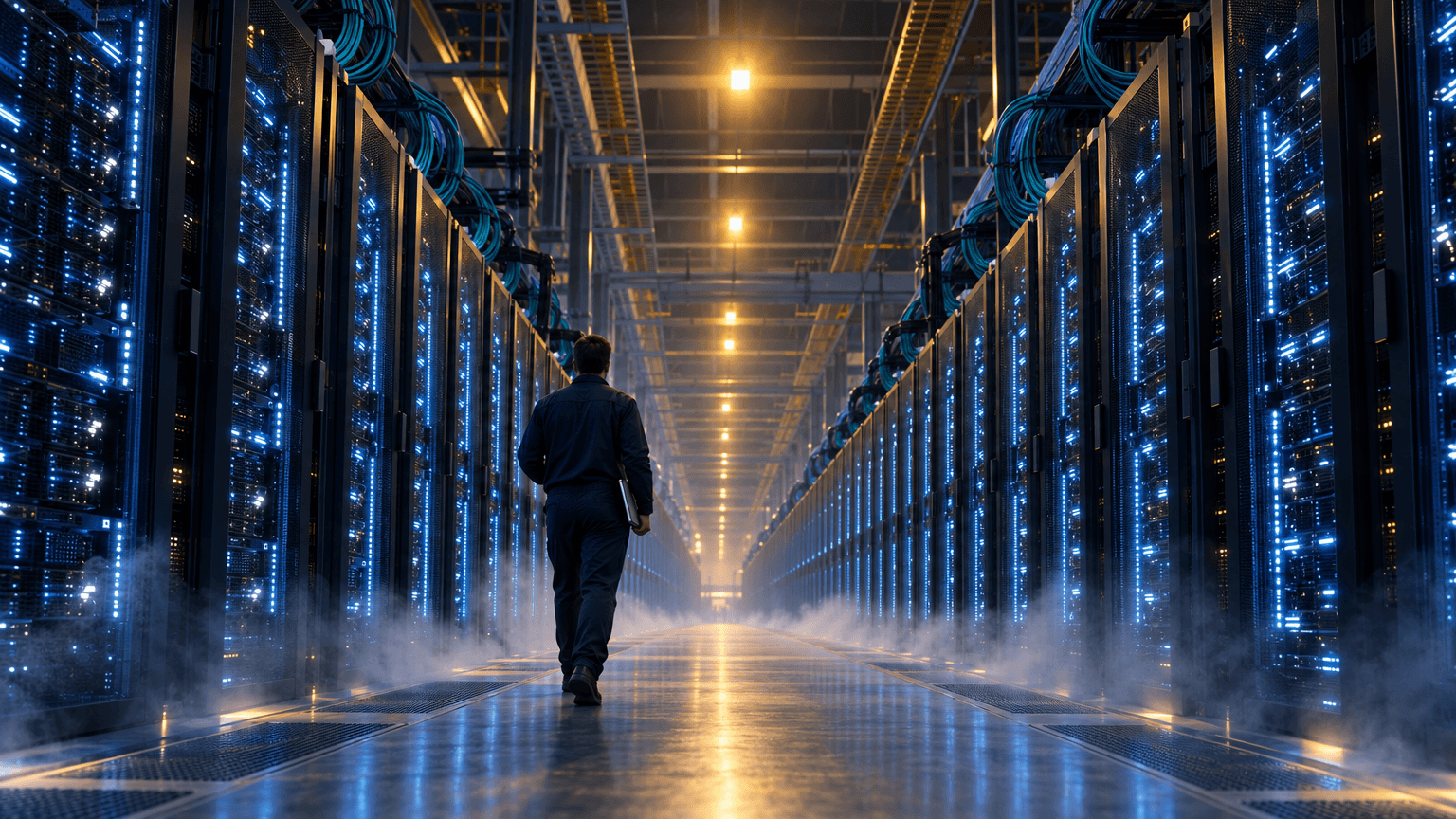 A long row of glowing AI server racks in a dimly lit data center aisle, with cooling mist and overhead cabling, and a technician walking away carrying a blank panel, evoking rapid infrastructure expansion.