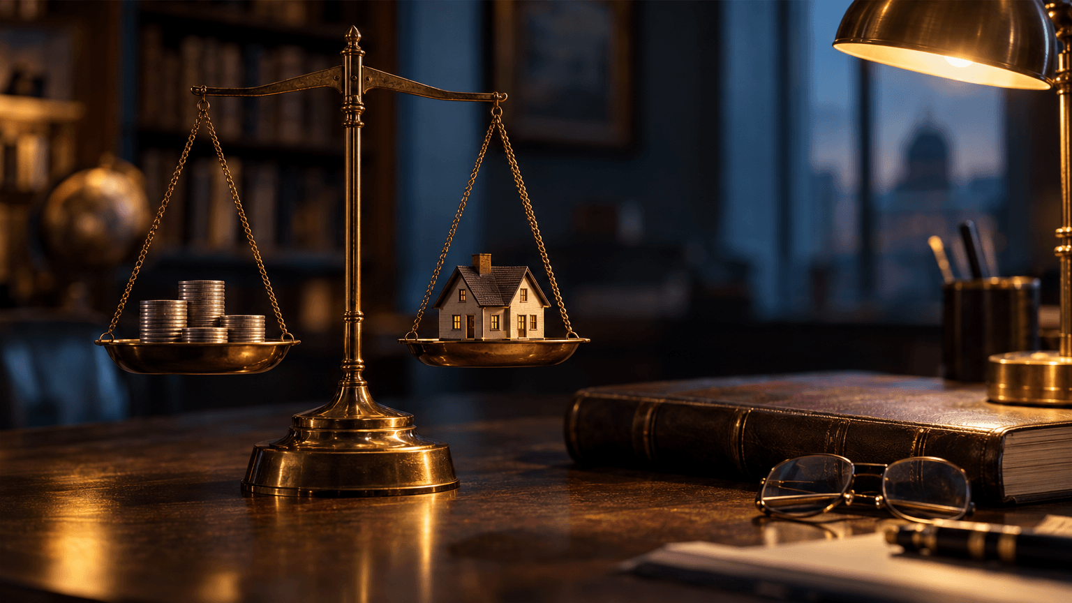 A vintage brass balance scale on a wooden desk, one side holding a small stack of silver coins and the other a miniature model house, with a desk lamp casting warm light across the scene.