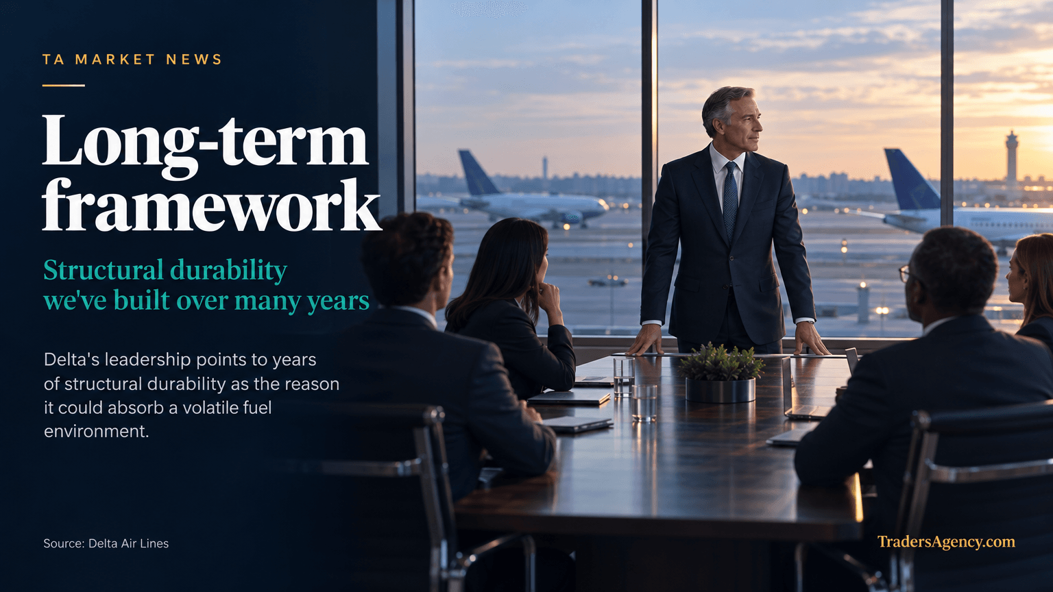 An airline executive in a boardroom overlooking a runway, representing long-term corporate resilience messaging.