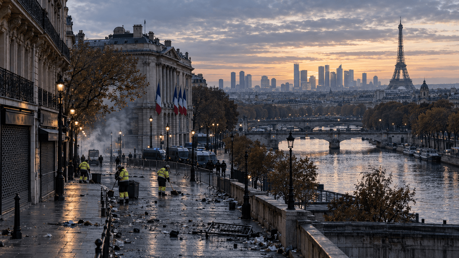 Dawn view of Paris after overnight unrest, showing the Eiffel Tower and La Défense financial towers across the Seine, with swept debris, shuttered shops, and parked police vans on a quiet boulevard.