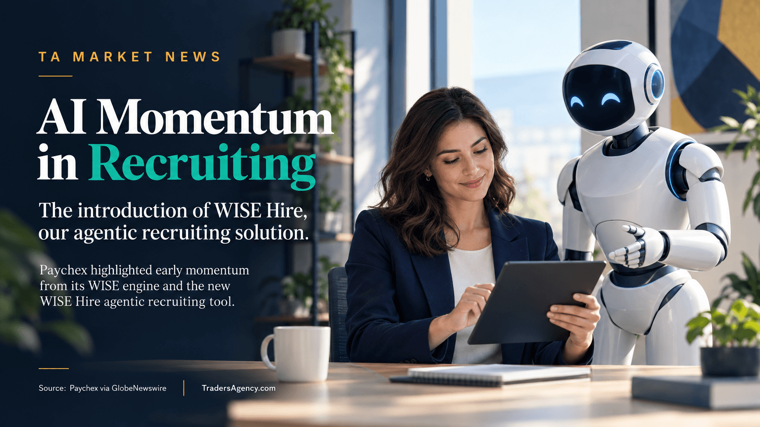 A recruiter working alongside a friendly AI assistant figure in a modern office, representing an agentic recruiting tool.