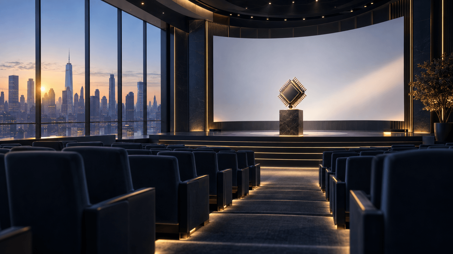 An empty, softly lit New York conference stage with a podium and blank curved screen, city skyline visible through windows at dawn, symbolizing an upcoming corporate investor event.