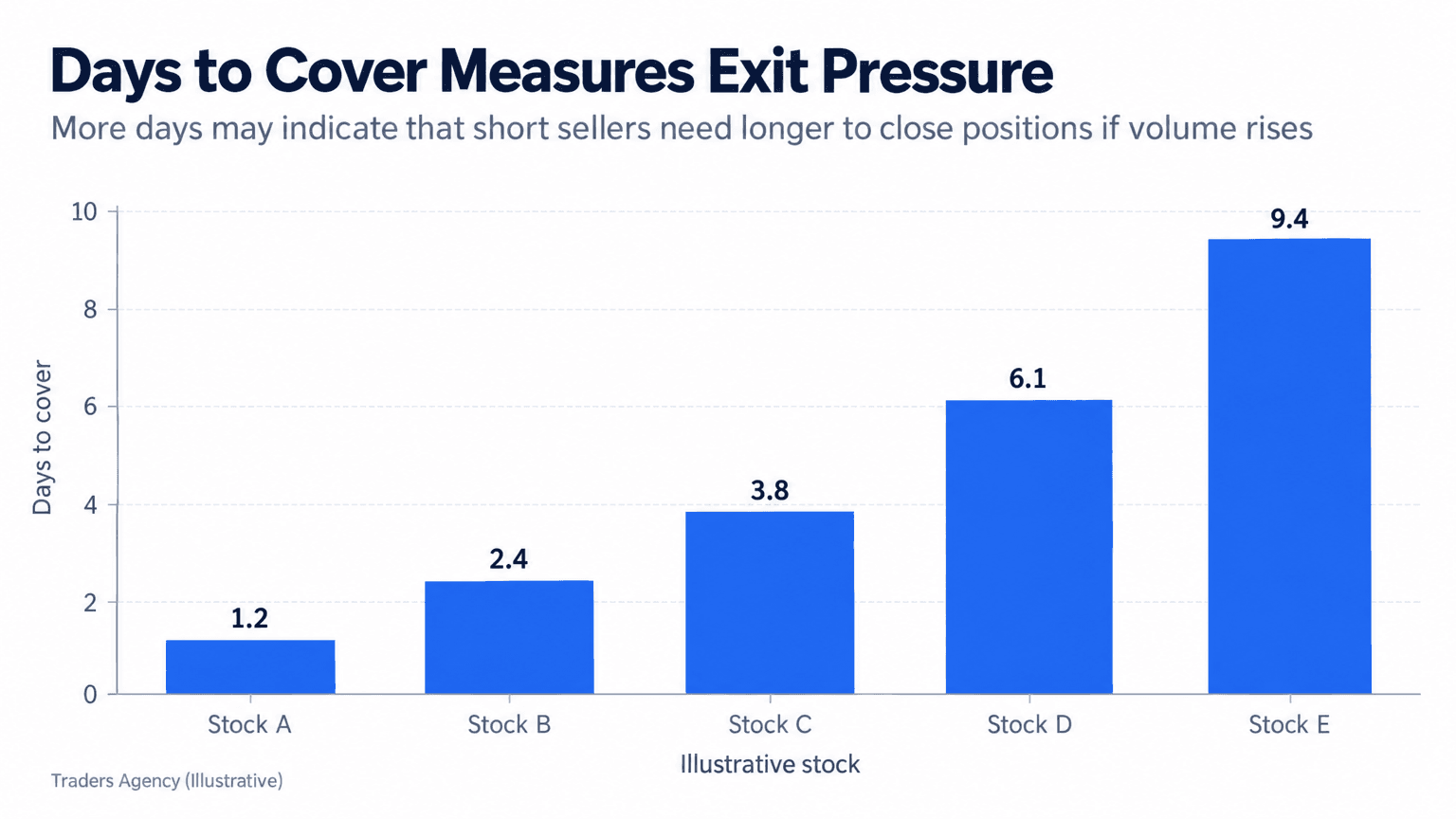 Bar chart showing five hypothetical stocks with days to cover ranging from 1.2 to 9.4 days