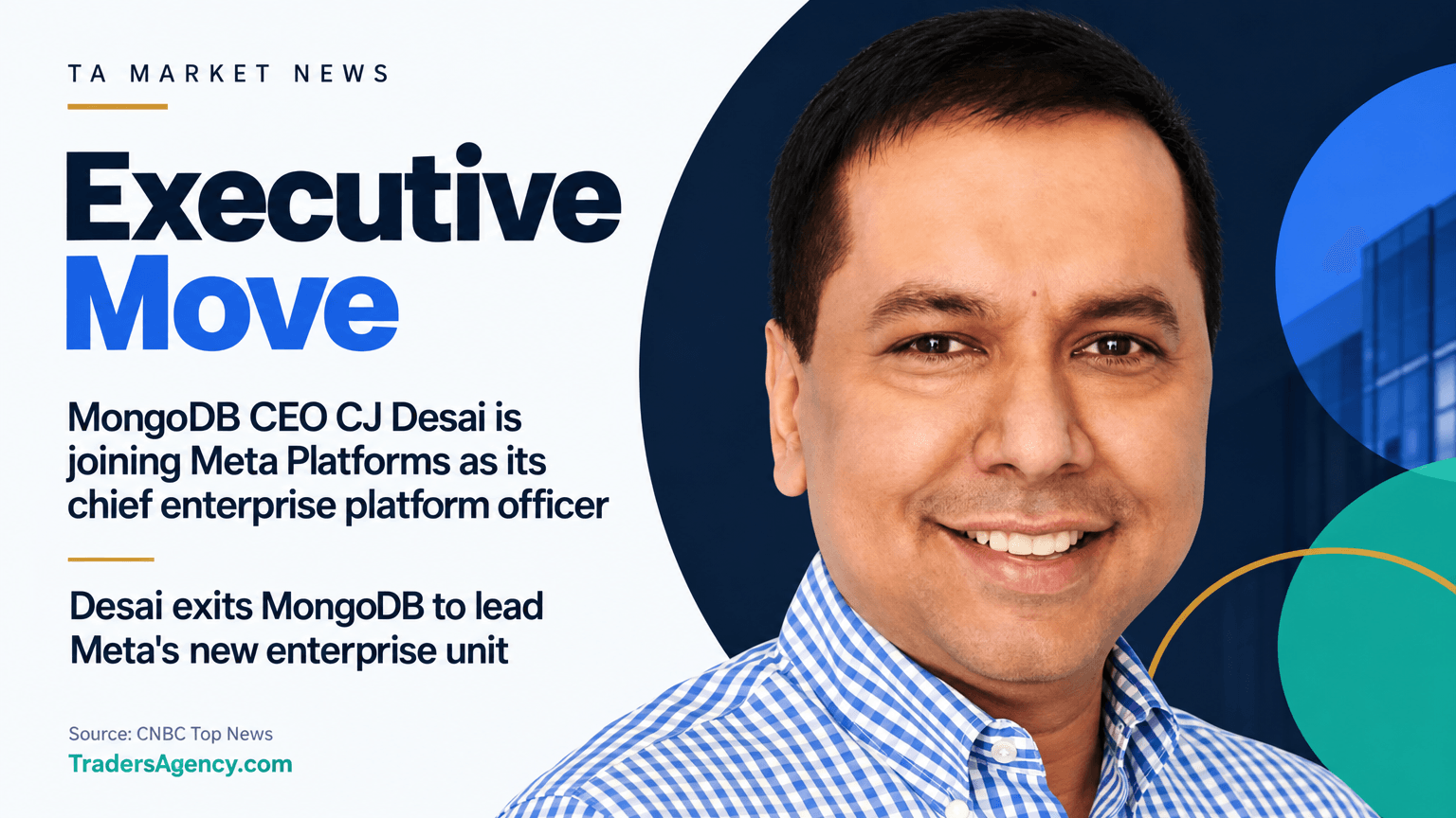 Portrait of CJ Desai, the departing MongoDB CEO who is joining Meta Platforms to lead its new enterprise division.