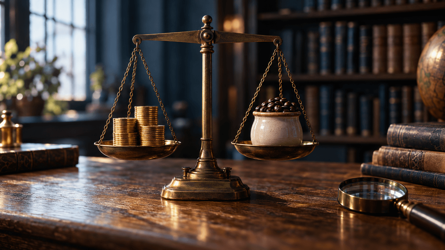 A single antique brass balance scale on a wooden desk, one pan holding a neat stack of gold coins and the other holding a small ceramic jar labeled only by its plain shape—no text—filled with coffee beans, evoking the coffee-shop earnings a