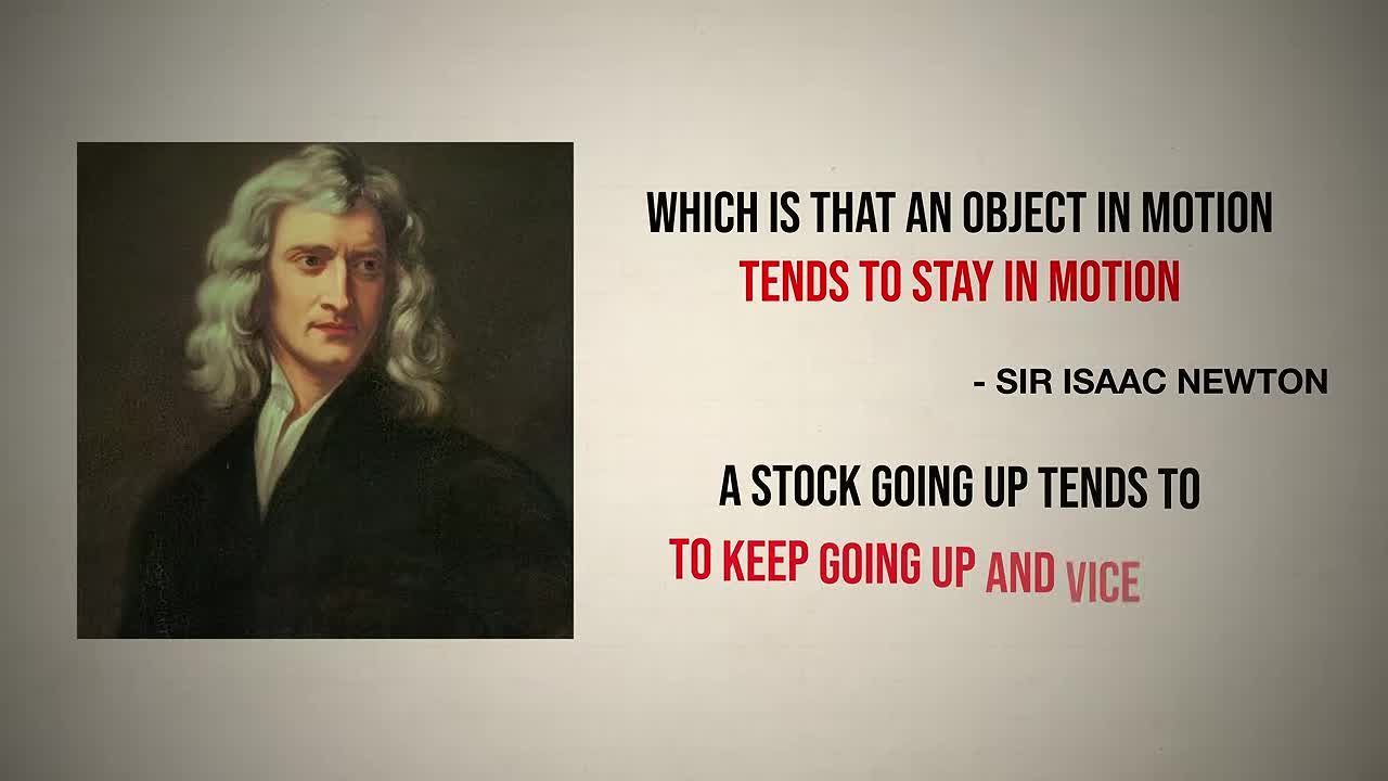 Slide with portrait of Sir Isaac Newton and quote about objects in motion, applied as an analogy to stock market momentum
