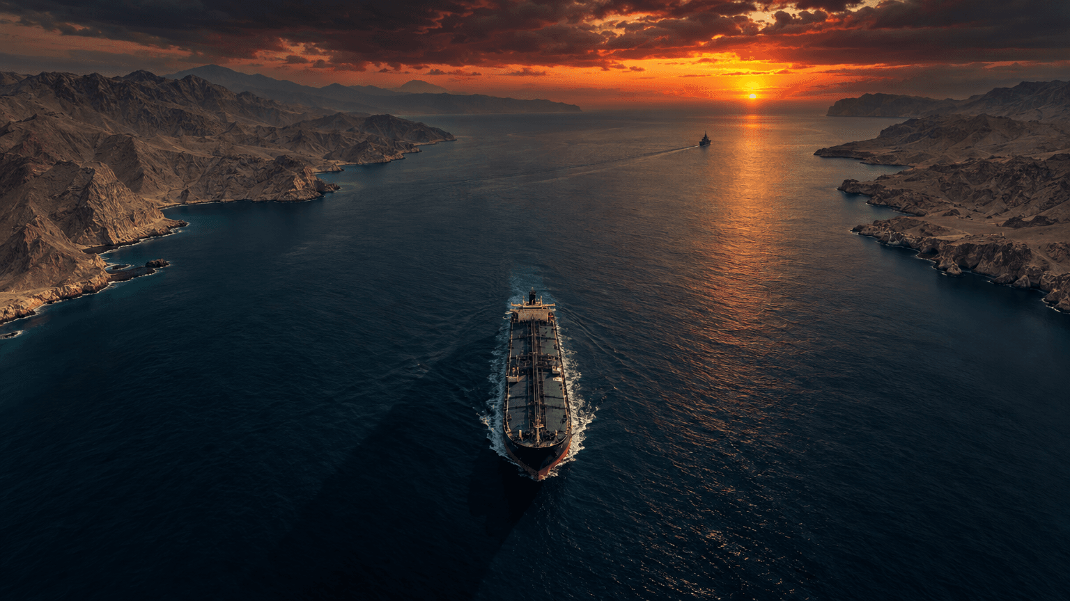 Aerial view of a solitary tanker moving through the Strait of Hormuz at dusk, with a distant naval vessel visible under a tense, amber-red sky.