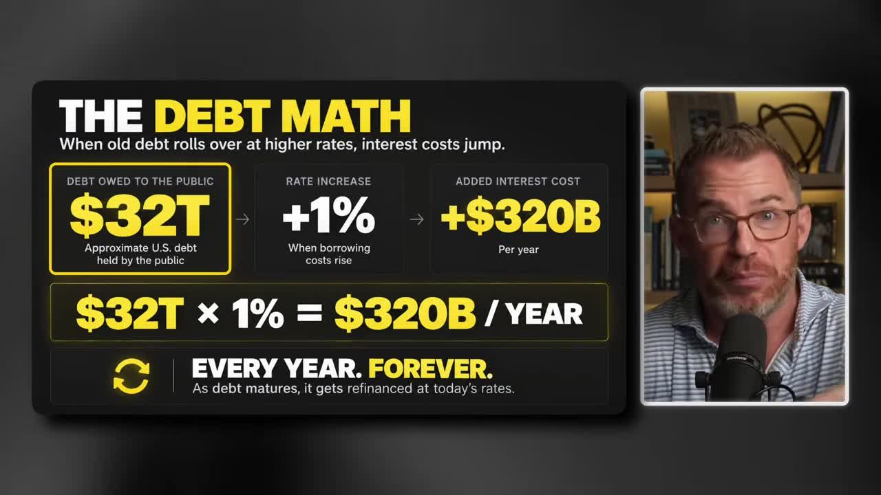Infographic titled 'THE DEBT MATH' showing $32T debt owed to the public, a 1% rate increase, resulting in $320B added interest cost per year, repeating every year forever.