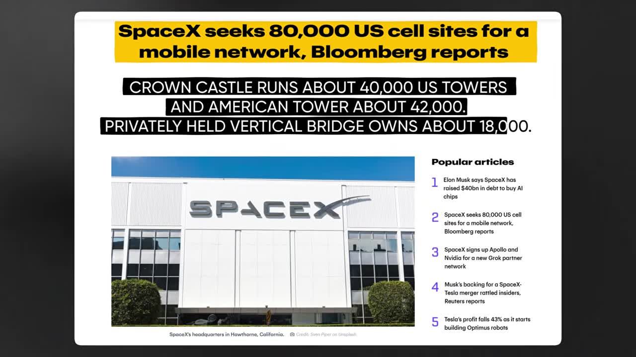 Bloomberg report excerpt: SpaceX seeks 80,000 US cell sites for a mobile network, with comparison to Crown Castle's 40,000 towers, American Tower's 42,000, and Vertical Bridge's holdings