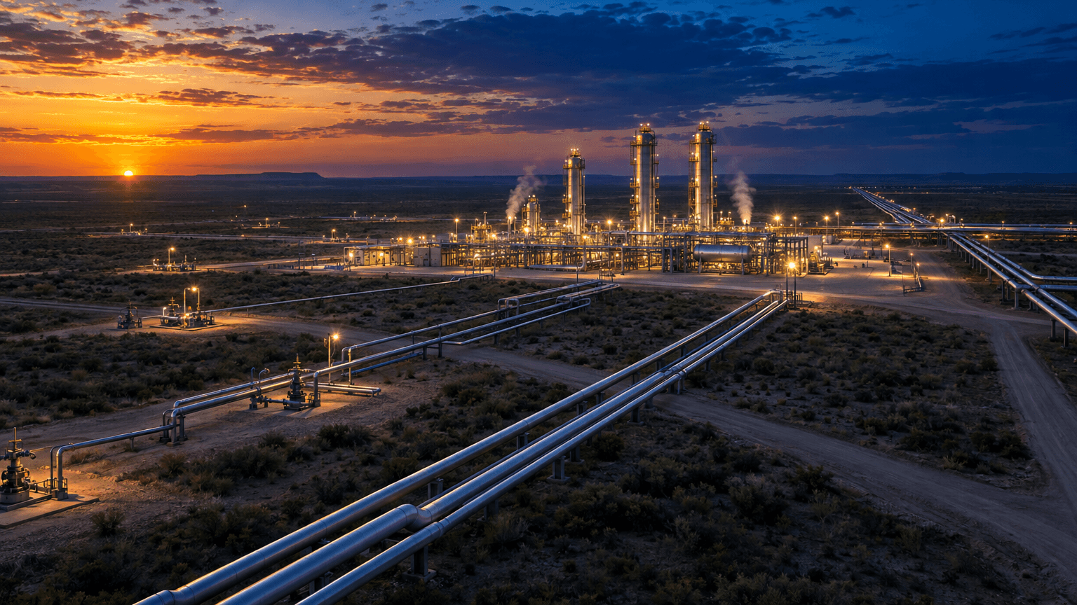 Aerial dusk view of a large natural gas gathering and processing complex with three towers in the West Texas desert, surrounded by pipeline networks and open land for expansion.