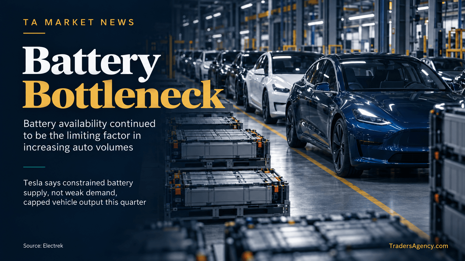 Finished electric vehicles lined up in a factory alongside battery pack crates, representing Tesla's stated battery supply constraints.