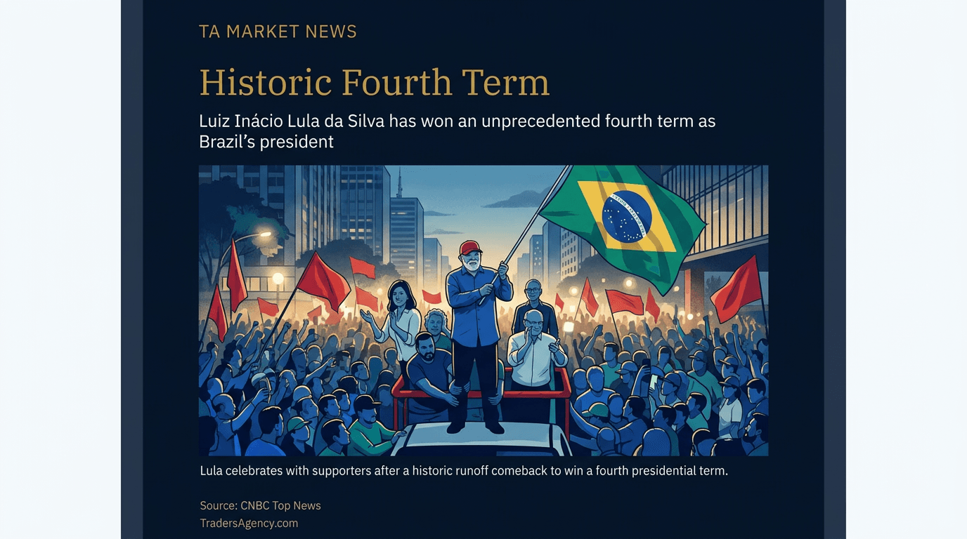 Large crowd waving red flags and a Brazilian flag around a man celebrating an election win on a vehicle.