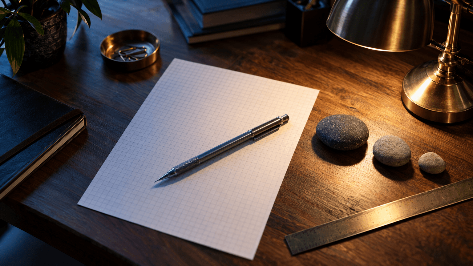 A clean wooden desk shot from above, holding a single blank sheet of grid paper, a mechanical pencil resting diagonally across it, and a small brass desk lamp casting warm directional light.