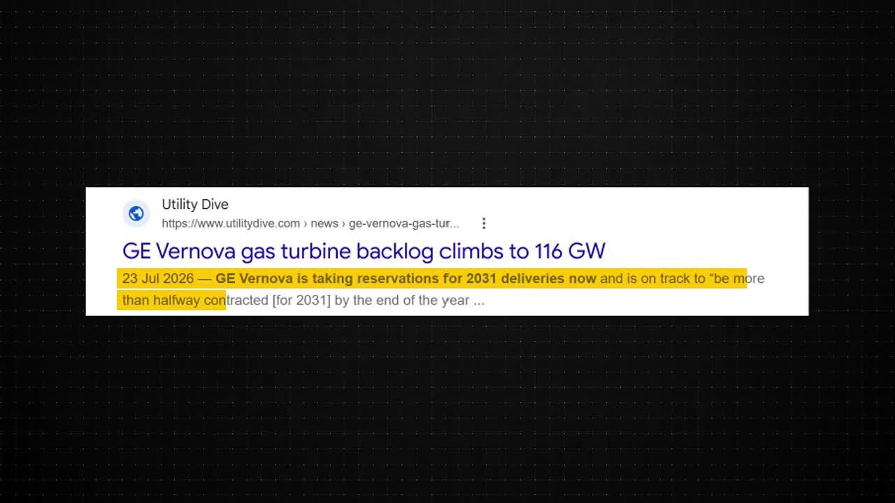 Article excerpt noting GE Vernova has gas turbine agreements signed into 2031