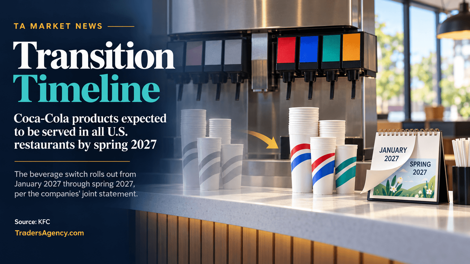 Illustration of a restaurant drink counter mid-transition with a calendar flipping from January to spring, symbolizing the phased beverage supplier changeover.