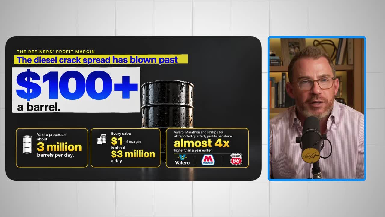 Infographic showing diesel crack spread exceeding $100 a barrel, with Valero processing 3 million barrels per day, $3 million daily margin per extra dollar, and Valero, Marathon, and Phillips 66 profits almost 4x higher than a year earlier