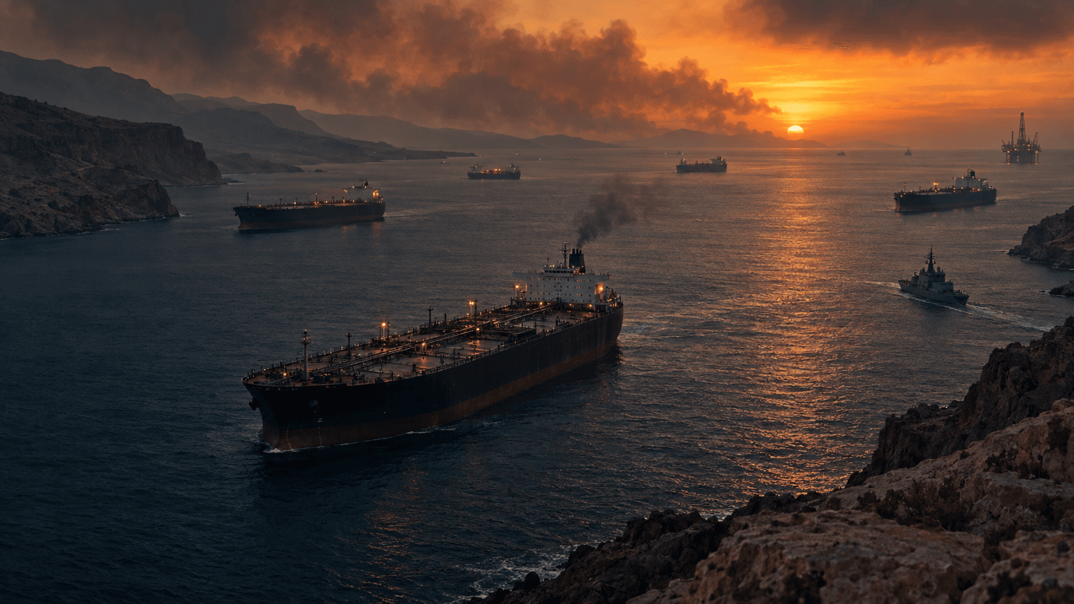 Aerial view of a tanker emitting smoke in a narrow strait at dusk, with other ships and arid coastlines in a hazy, tense atmosphere.