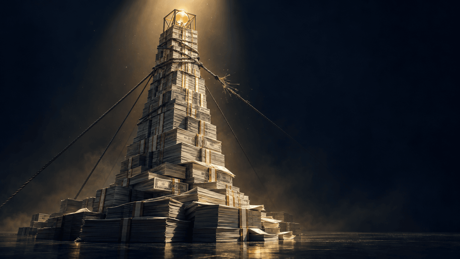 A towering structure built from stacked paper currency and bond sheets, bound by taut, straining steel cables, with a small glowing sphere resting at its peak, lit dramatically in a dark studio setting.