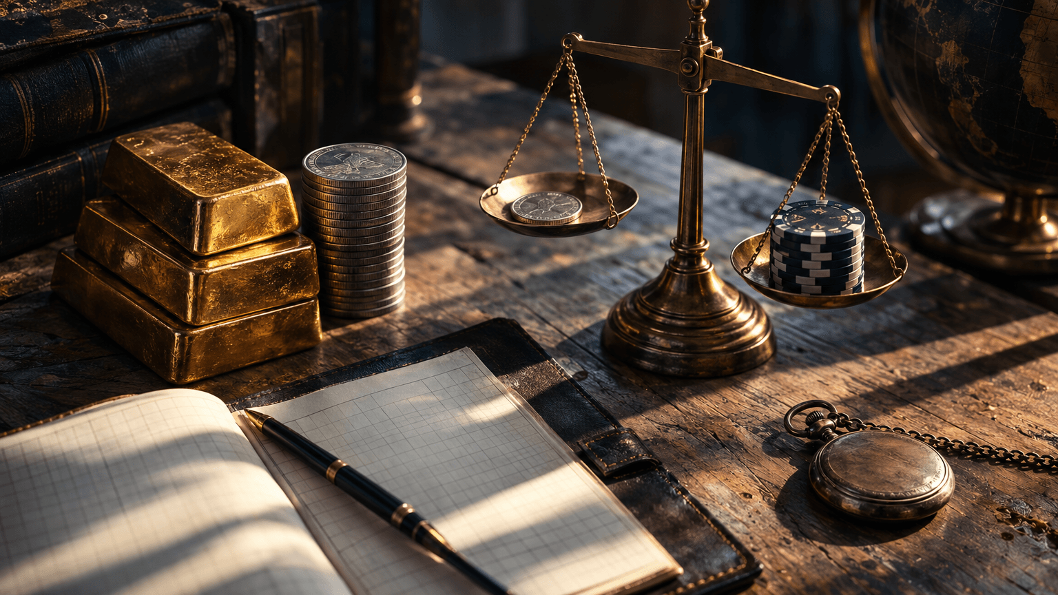 Overhead flat-lay on a weathered wooden desk: three small stacked gold bars beside a neat coil of silver coins, a leather-bound ledger left open to blank grid paper, and a brass balance scale holding a single coin on one side and a stack of